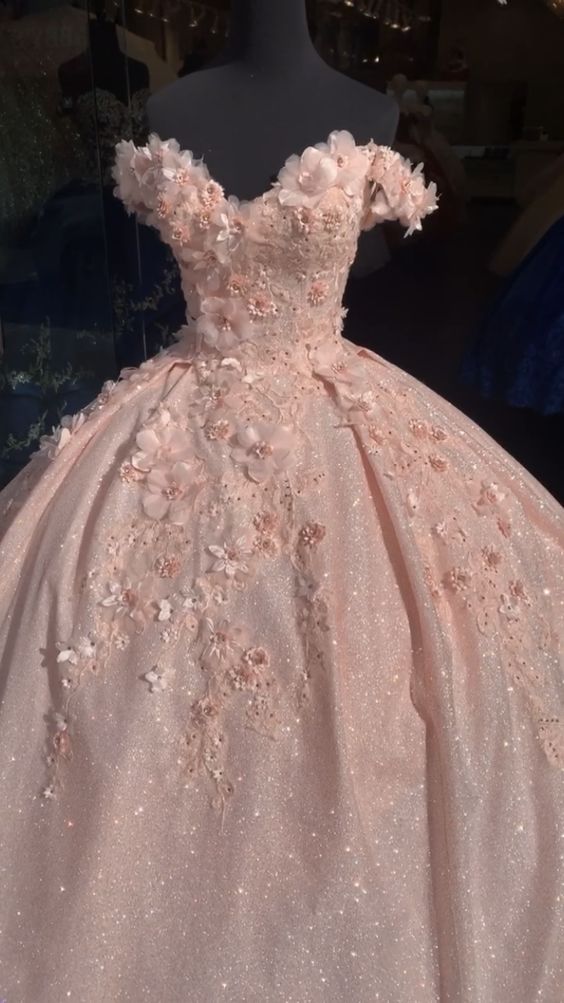 Tulle Princess Off Shoulder Long Formal Prom Dress, Long Strapless Pink Flower Appliqu¨¦S Evening Dress