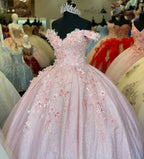Tulle Princess Off Shoulder Long Formal Prom Dress, Long Strapless Pink Flower Appliqu¨¦S Evening Dress