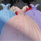 Tulle Princess Off Shoulder Long Formal Prom Dress, Long Strapless Pink Flower Appliqu¨¦S Evening Dress