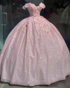 Tulle Princess Off Shoulder Long Formal Prom Dress, Long Strapless Pink Flower Appliqu¨¦S Evening Dress
