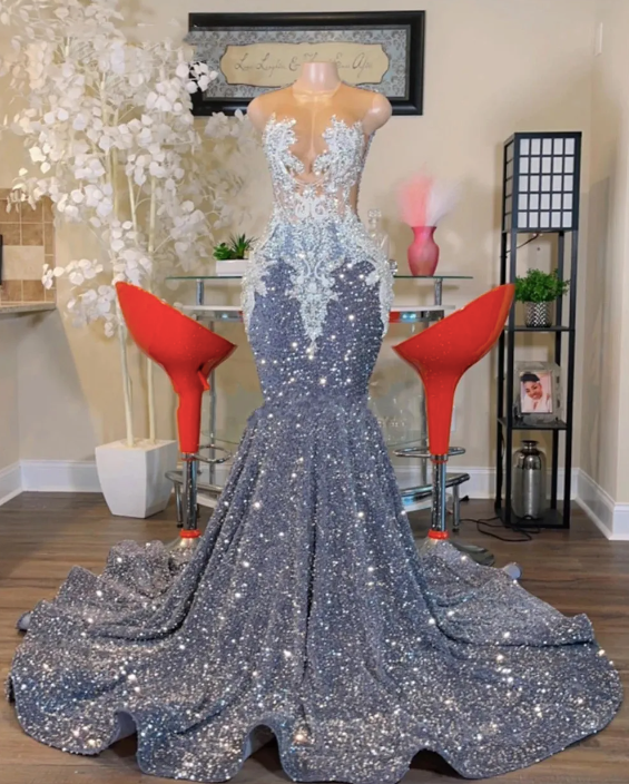 O Neck Silver Prom Dress, Plus Size Prom Dress, Sparkly Prom Dress Beaded Applique Prom Dress Secondary image