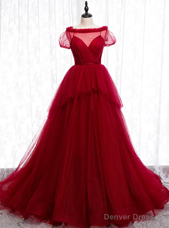 Tulle Short Sleeve Pleats Backless Burgundy Prom Dress Main image