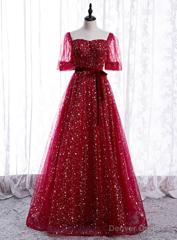 Tulle Star Sequins Short Sleeve Square Prom Dress Main image