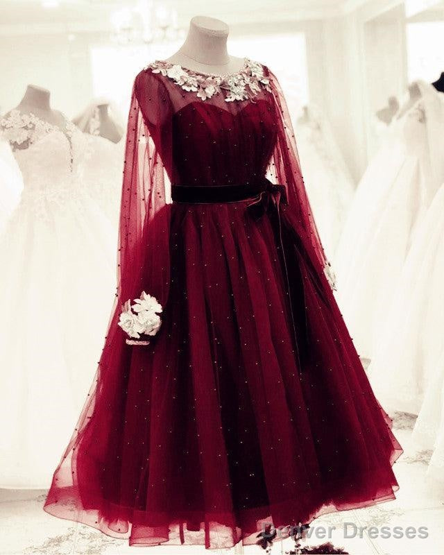 Tulle Tea Length Evening Dress Long Sleeves Embroidery Beaded