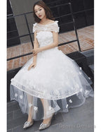 Tulle Tea Length Off The Shoulder Wedding Dress With Flowers