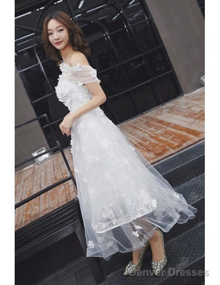 Tulle Tea Length Off The Shoulder Wedding Dress With Flowers