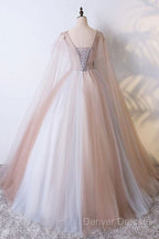 Tulle V Neck Appliques Champagne Long Sleeves Flower Prom Dress
