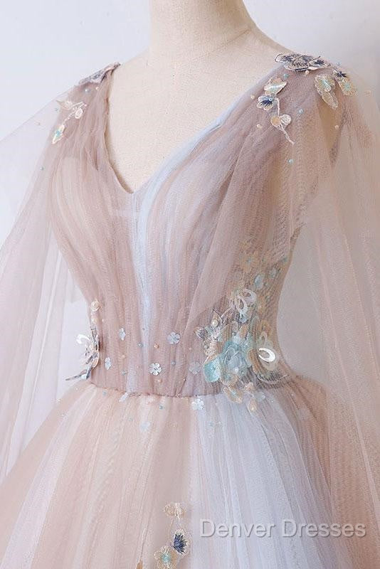 Tulle V Neck Appliques Champagne Long Sleeves Flower Prom Dress