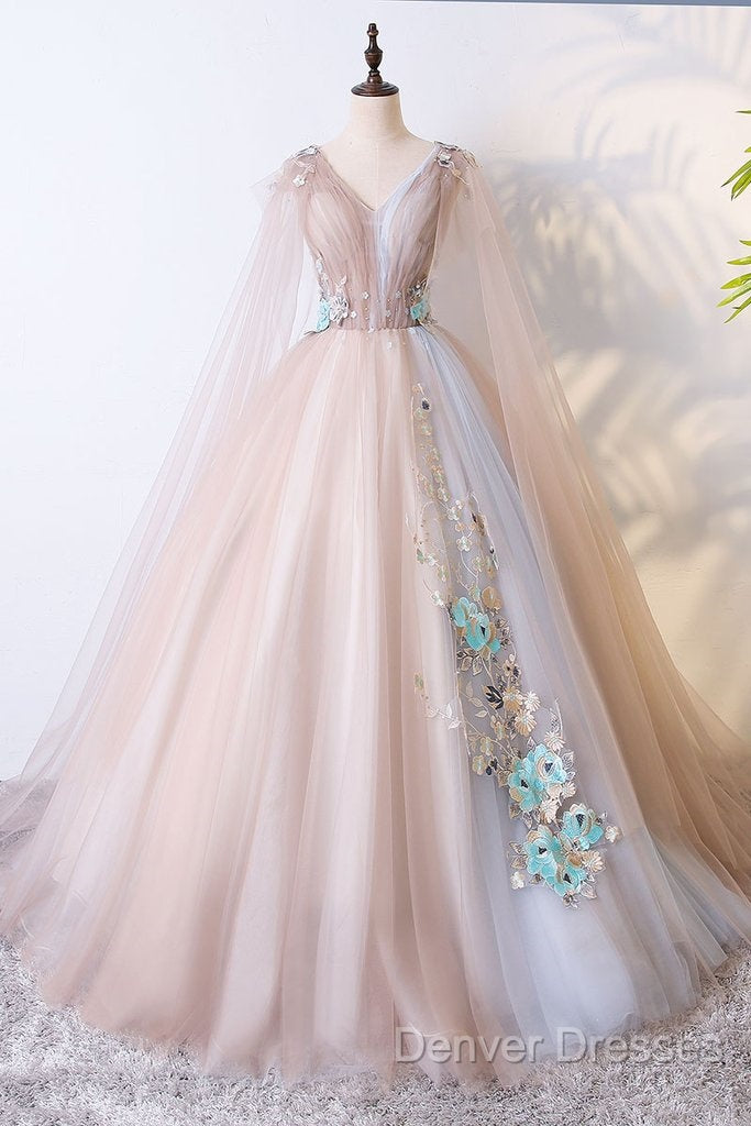 Tulle V Neck Appliques Champagne Long Sleeves Flower Prom Dress