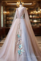 Tulle V Neck Appliques Champagne Long Sleeves Flower Prom Dress