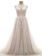 Tulle V-Neck Appliques Lace Wedding Dresses