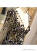 Tulle V-Neck Long Sleeve A-Line Evening Dress With Beadings