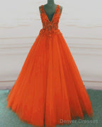 Tulle V Neck Orange Ball Gown Prom Dresses