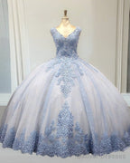 Tulle V Neck Quinceanera Dresses Lace Appliques Ball Gown