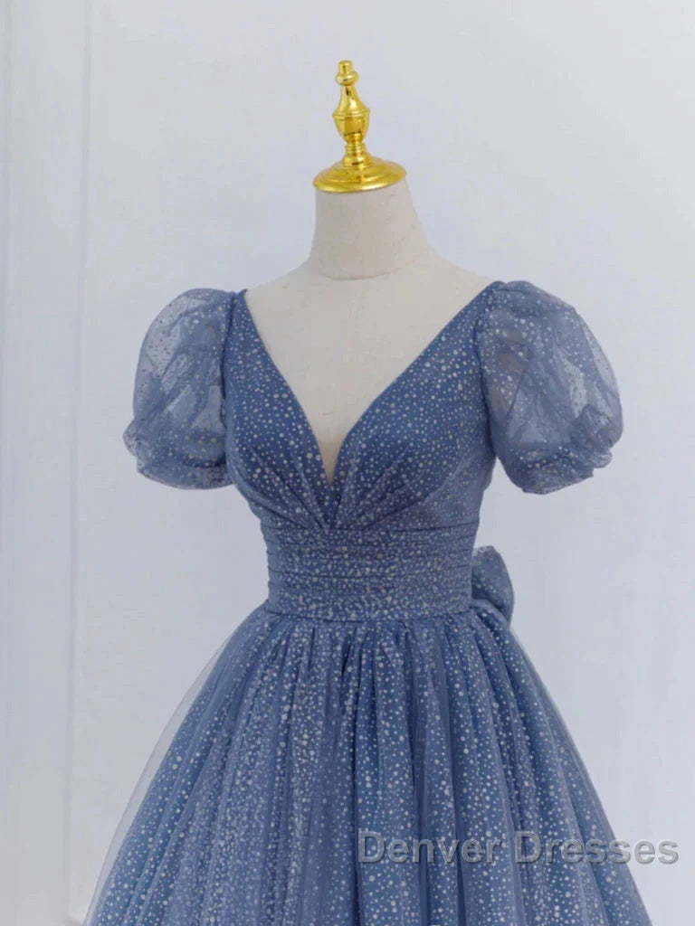 Tulle V Neck Short Sleeve Blue Sparkle Prom Dress With Bow Secondary image