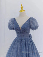 Tulle V Neck Short Sleeve Blue Sparkle Prom Dress With Bow