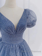 Tulle V Neck Short Sleeve Blue Sparkle Prom Dress With Bow
