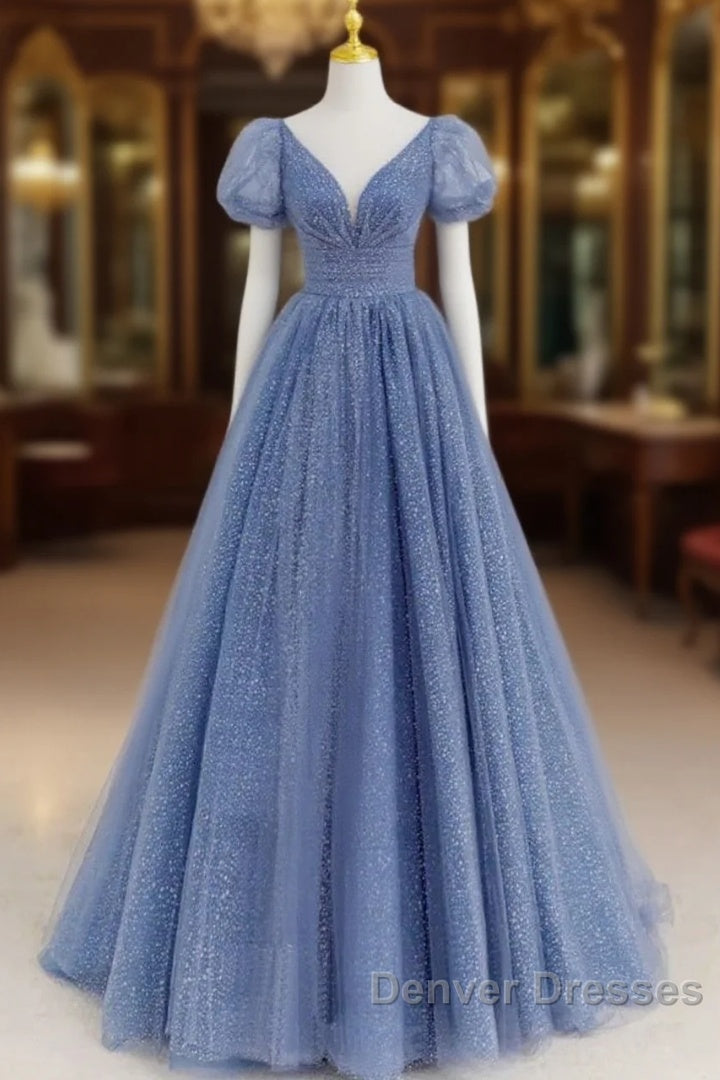 Tulle V Neck Short Sleeve Blue Sparkle Prom Dress With Bow