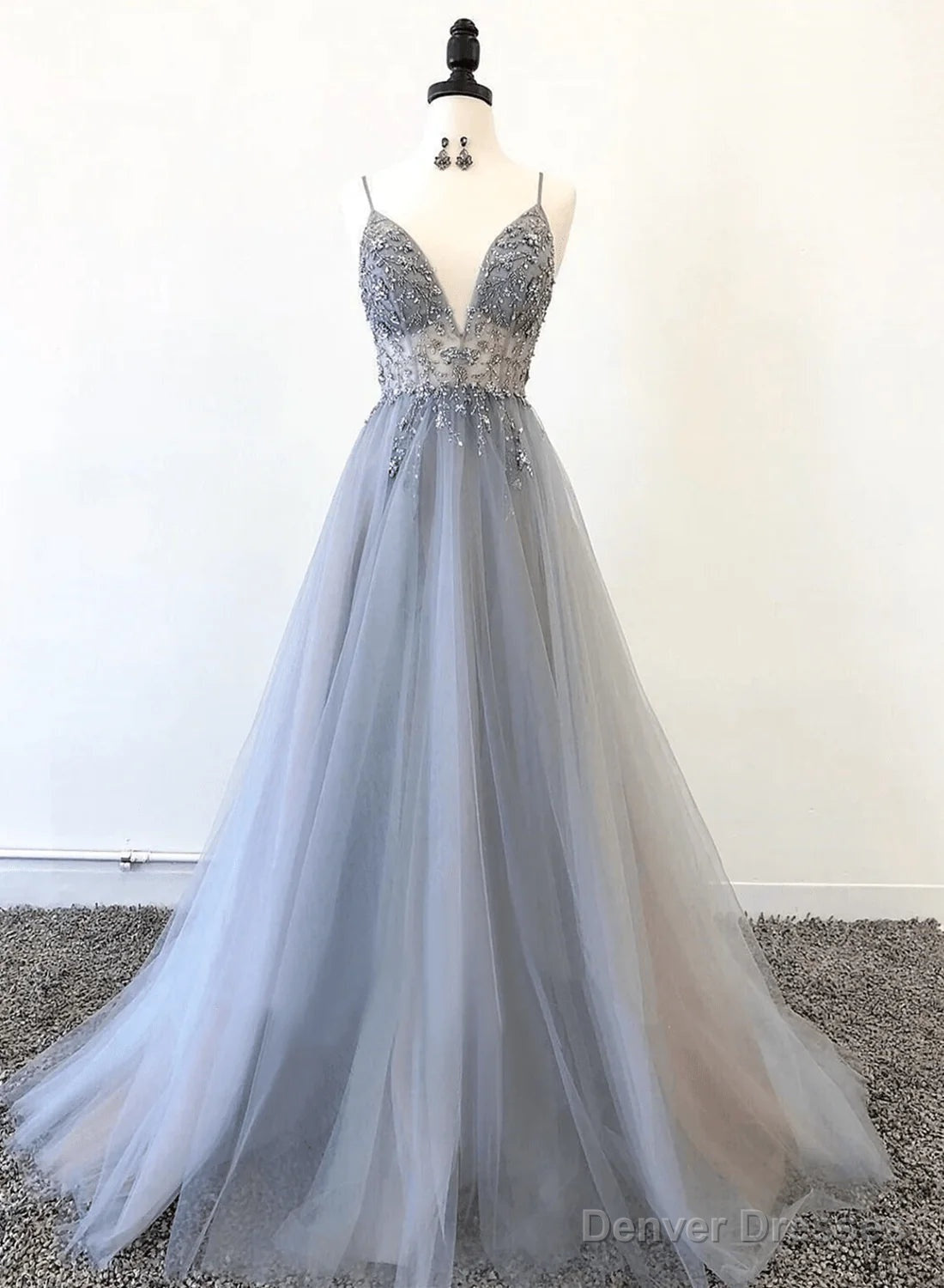 Tulle V-neckline Straps Beaded Low Back Long Formal Dress Tulle Prom Dress prom dresses shops