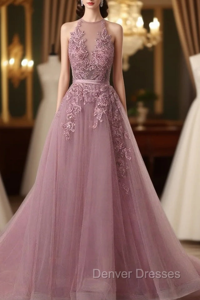 Tulle Wisteria Prom Dress A-Line/Princess Scoop Neck Court Train With Appliqued Main image