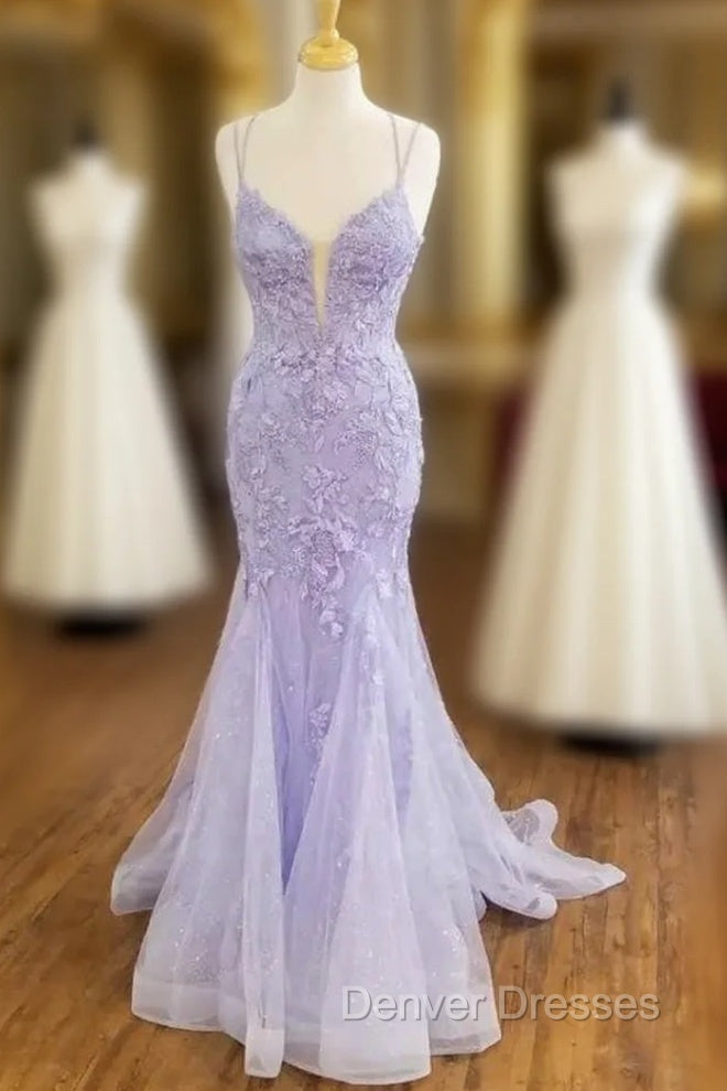 Tulle With Appliques Lilac Long Sweetheart Prom Dress With Straps Main image
