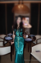 Turqoise Mermaid Halter Satin Beaded Long Prom Dress Retro V-Neck Rhinestone Evening Gown