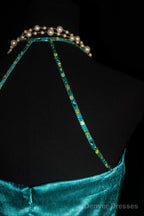 Turqoise Mermaid Halter Satin Beaded Long Prom Dress Retro V-Neck Rhinestone Evening Gown