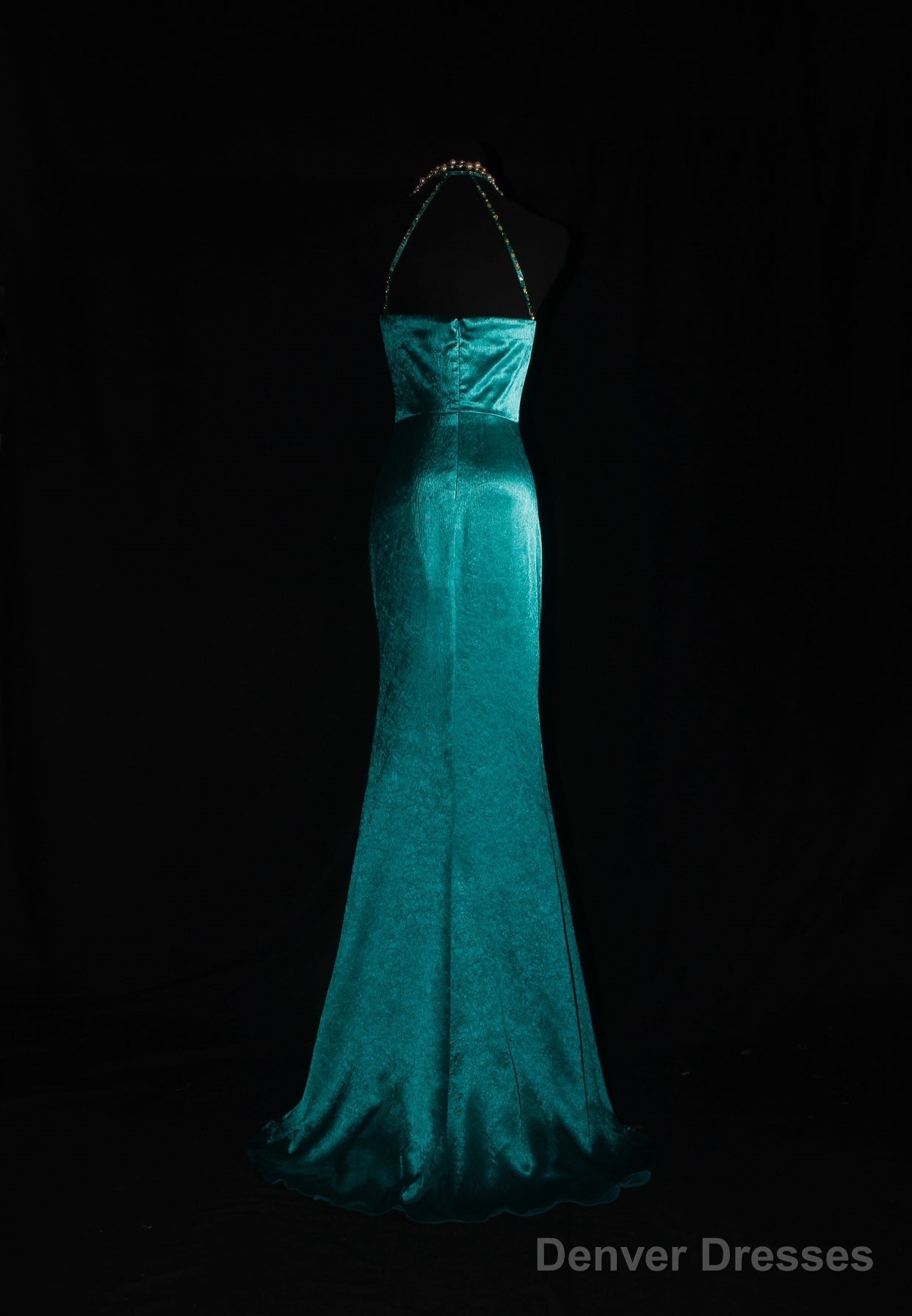 Turqoise Mermaid Halter Satin Beaded Long Prom Dress Retro V-Neck Rhinestone Evening Gown