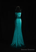 Turqoise Mermaid Halter Satin Beaded Long Prom Dress Retro V-Neck Rhinestone Evening Gown