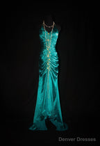 Turqoise Mermaid Halter Satin Beaded Long Prom Dress Retro V-Neck Rhinestone Evening Gown