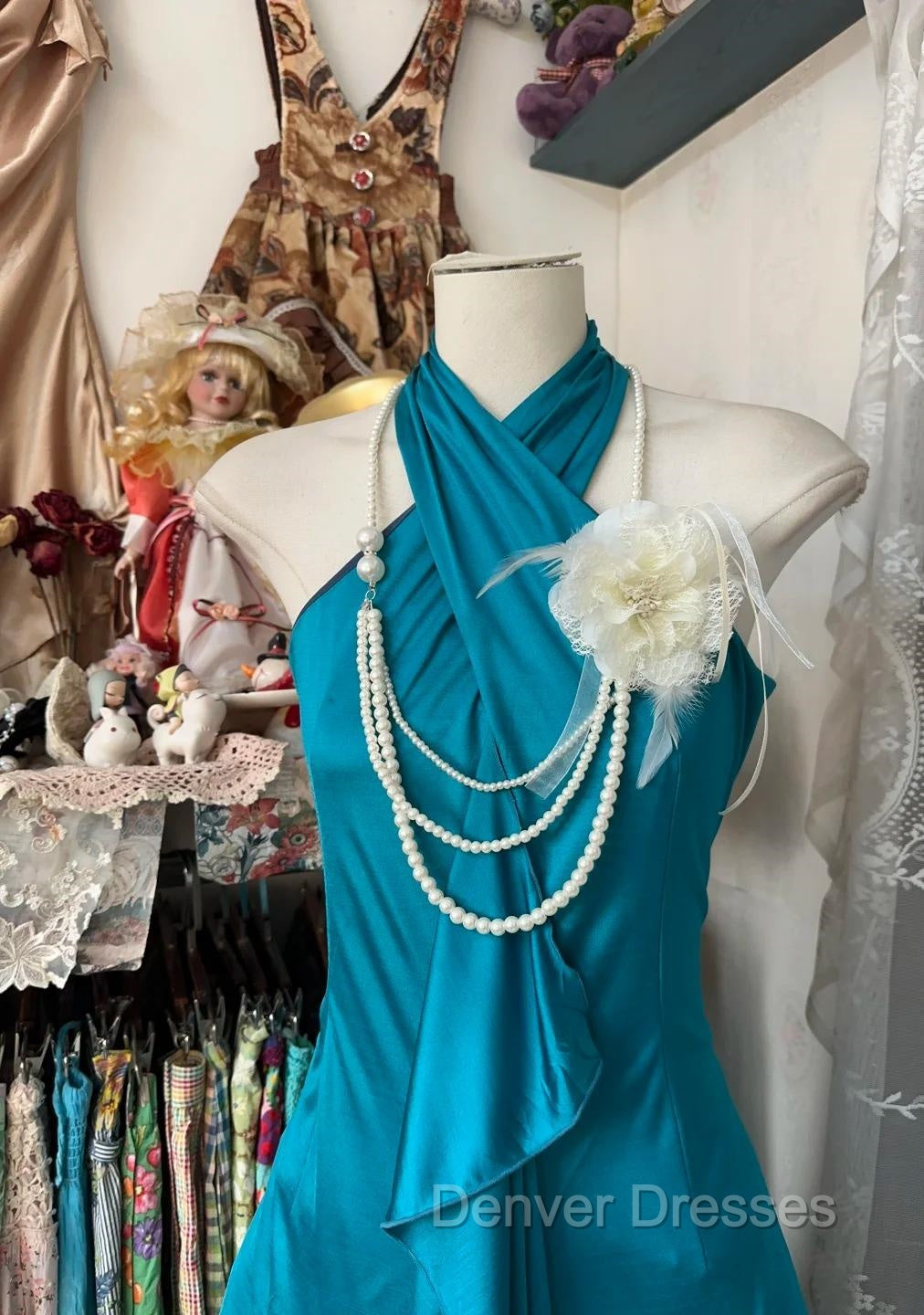 Turquoise A-Line Halter Satin Prom Dress Sexy Sleeveless Party Dress