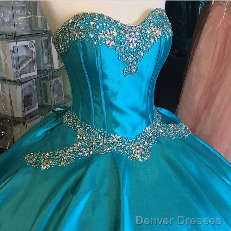 Turquoise Blue Satin Sweetheart Ball Gowns Quinceanera Dresses Crystal Beaded