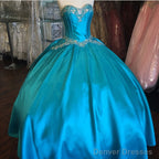 Turquoise Blue Satin Sweetheart Ball Gowns Quinceanera Dresses Crystal Beaded