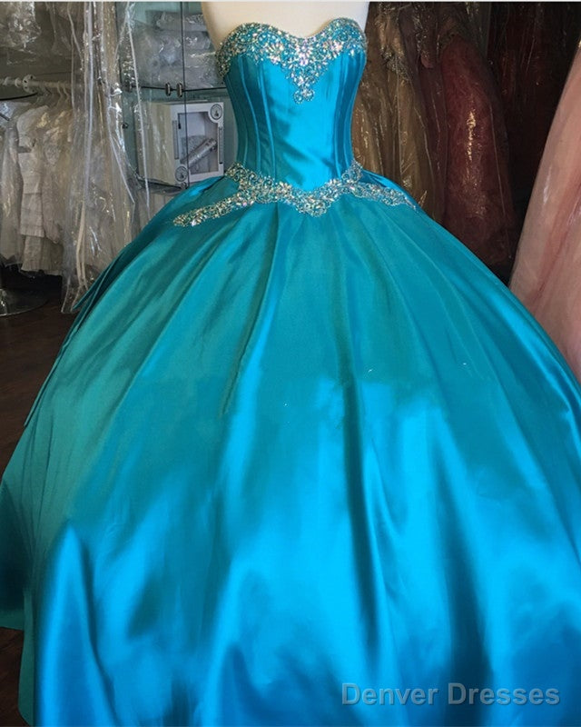Turquoise Blue Satin Sweetheart Ball Gowns Quinceanera Dresses Crystal Beaded