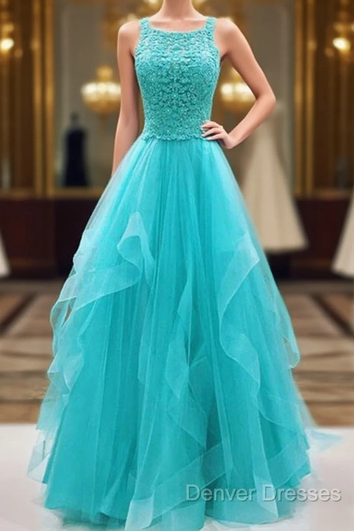 Turquoise Tulle Long Lace Prom Dress, Ruffles Evening Dress Main image