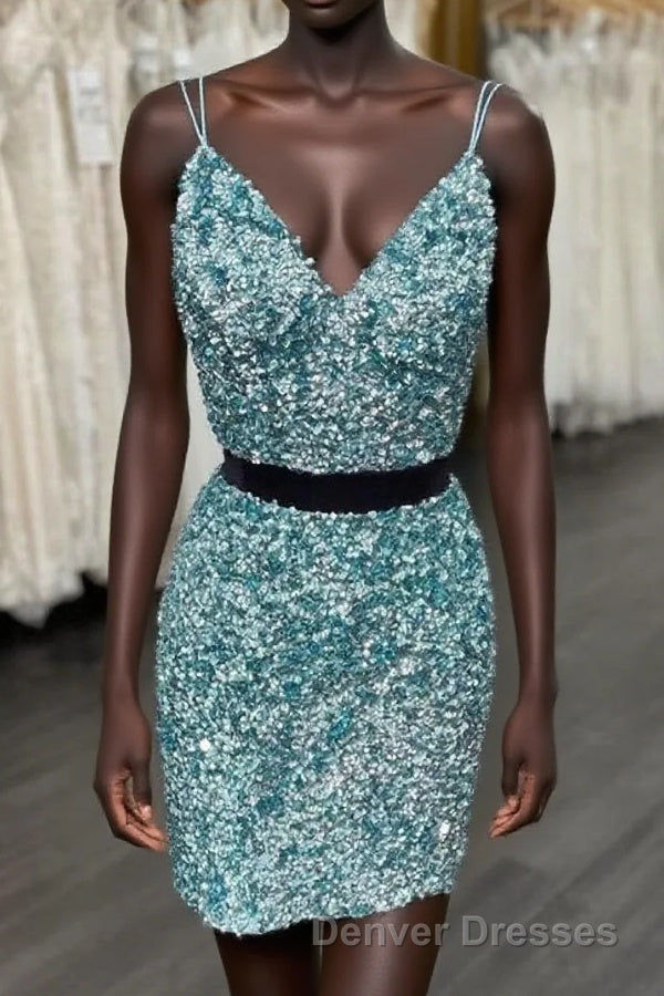 Two Piece Blue Sequins Tight Homecoming Dress,Sparkly Cocktail Party Dress Main image