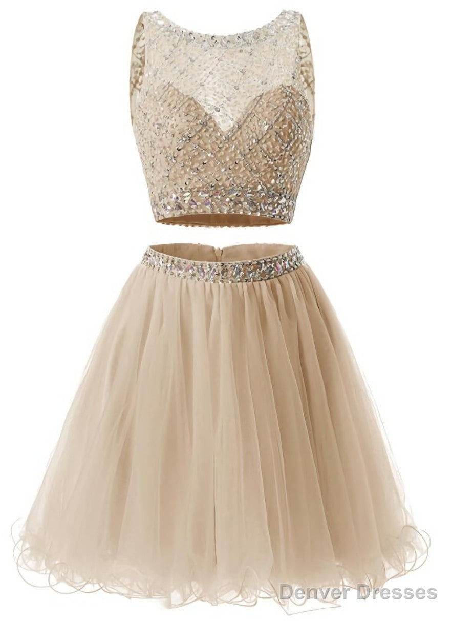 Two Piece Champagne Beaded Tulle Homecoming Dress, Short Prom Dress Party Dress Main image
