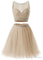 Two Piece Champagne Beaded Tulle Homecoming Dress, Short Prom Dress Party Dress