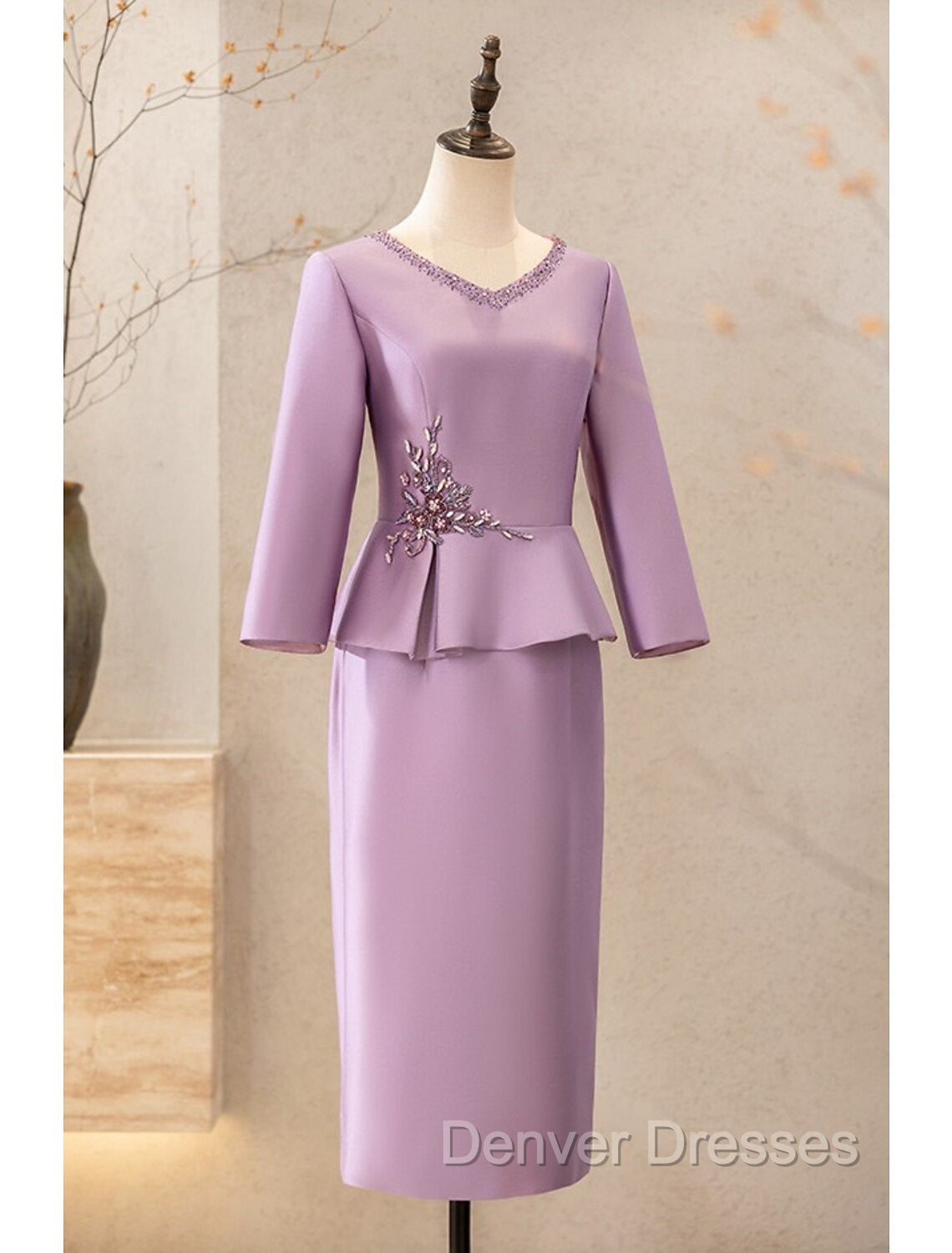 Two Piece Cocktail Dress Elegant Dress Wedding Party Tea Length Long Sleeve V Neck Satin Mother Of The Bride Dress