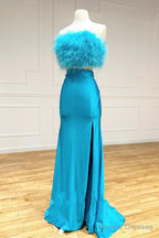 Two-Piece Feathers Strapless Satin Long Prom Dress with Slit