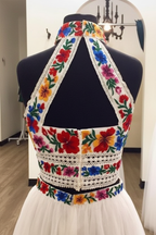 Two Piece High Neck Long Evening Dress with Appliques Sleeveless