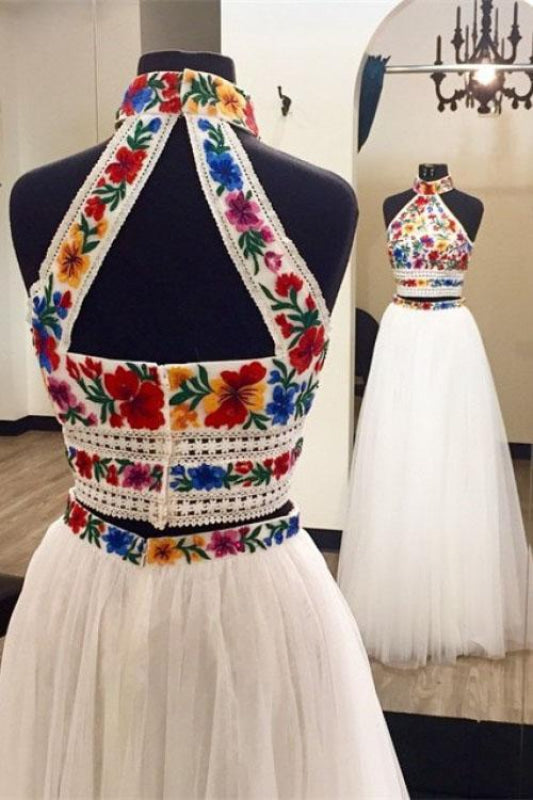 Two Piece High Neck Long Evening Dress with Appliques Sleeveless Main image
