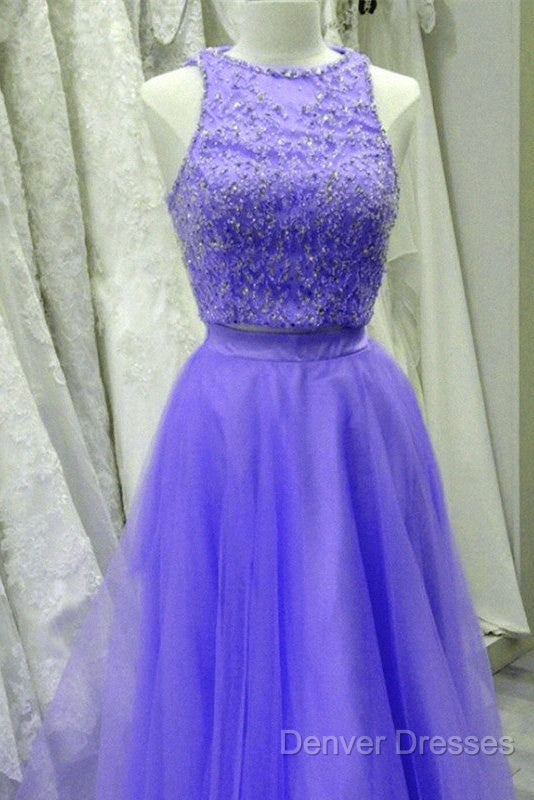 Two Piece Lavender Prom Dress Lace Crop