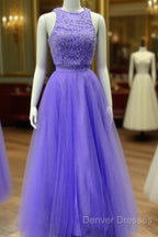 Two Piece Lavender Prom Dress Lace Crop