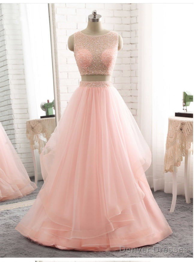 Two Piece Long Prom Dresses Pink Tulle Floor Length Formal Gowns Main image
