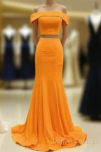 Two Piece Orange Prom Dress Mermaid Off Shoulder
