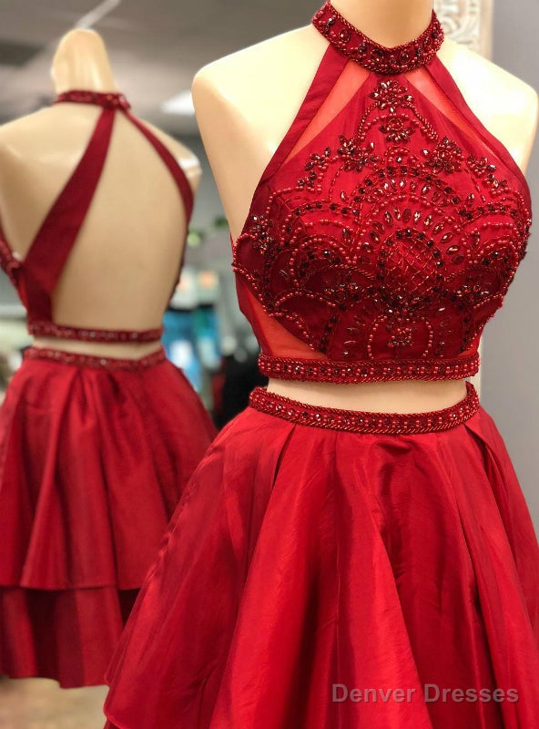 Two Piece Red Satin Halter Backless Homecoming Dress With Crystal Main image