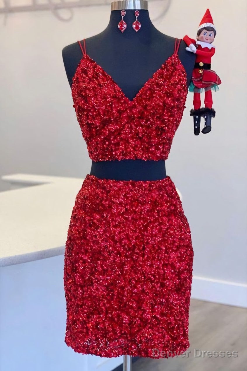 Two Piece Red Sequined Homecoming Dress, V-neck Tight Party Dress,Short Prom Dresses Main image