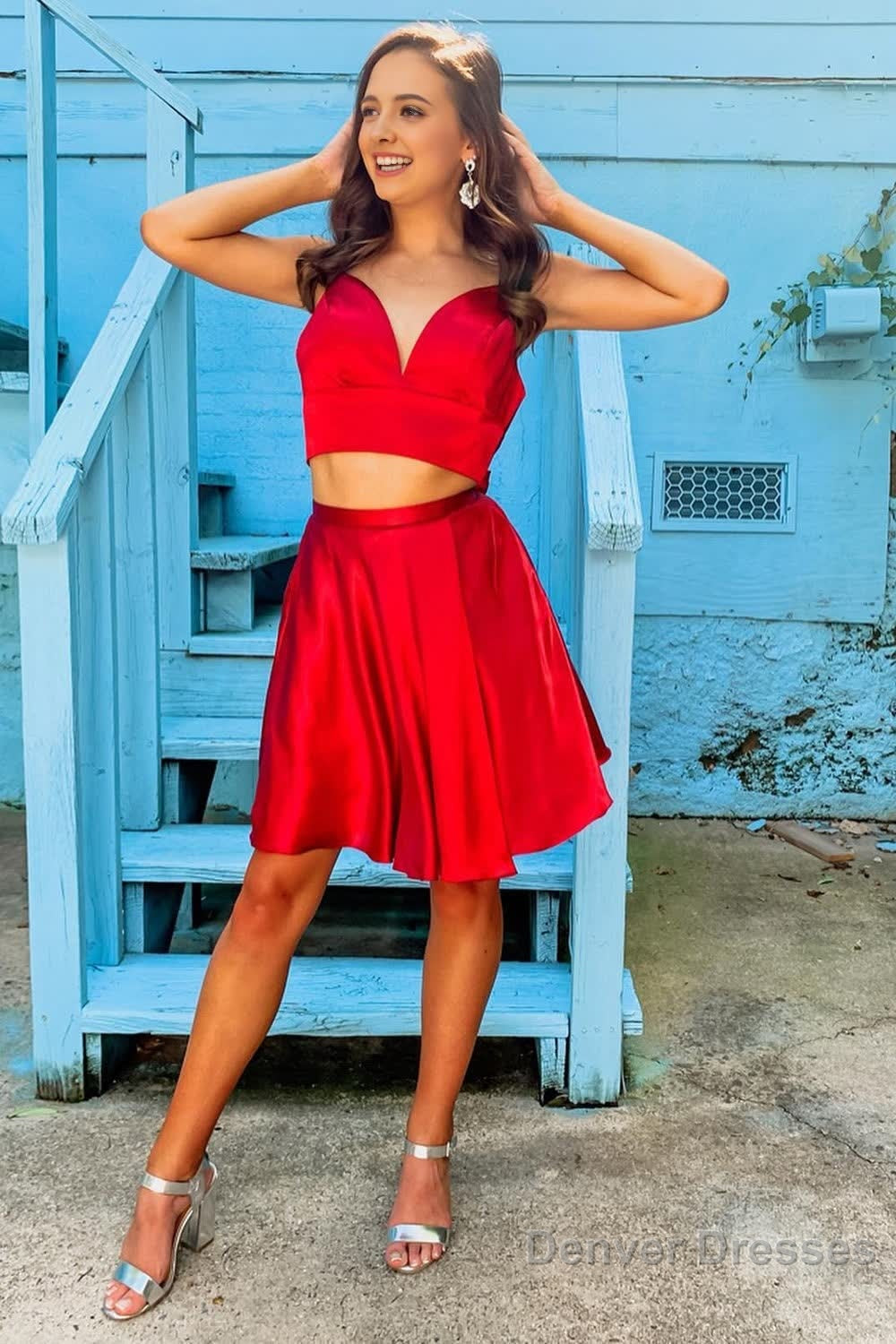 Two Piece Red Short Homecoming Dress with Bowknot Main image
