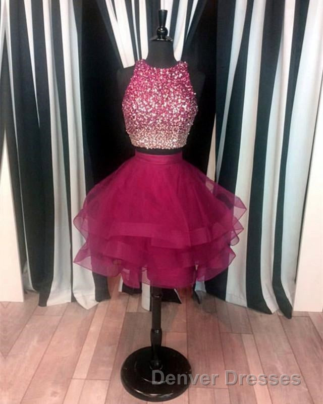 Two Piece Ruffles Ball Gown Homecoming Dress,Navy Blue Semi Formal Dress